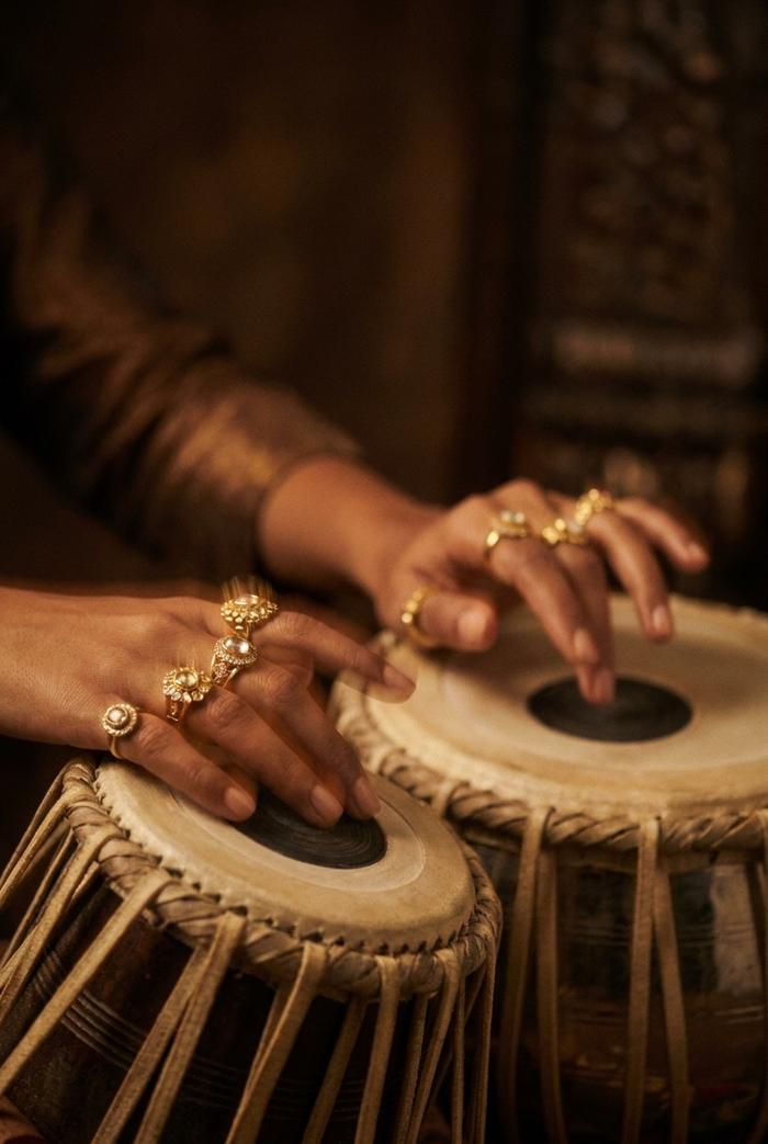 Hands playing tabla in warm studio light